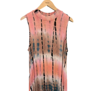 Jodifl, tie die dress in Pink/Black, mock neck line, asymmetrical, sleeveless Lg